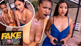 Fake Hostel – Video Game Playing Asian Thai Girl And Ebony Latina College Teens In Horny Threesome