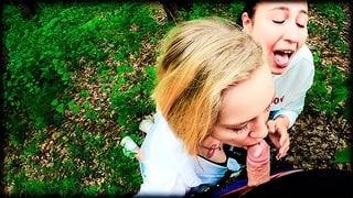 Two Girlfriends Suck Cock In The Woods – Threesome Outdoor Blowjob – Public POV