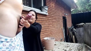 Outdoor handjob & Cumshot for our neighbor