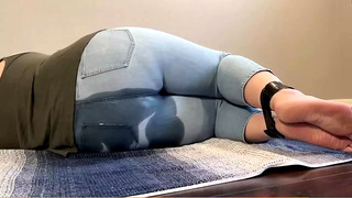 Tied up Girl Can’t Hold it Anymore Pees in Light Jeans
