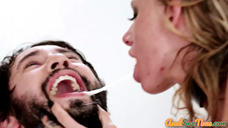 Busty tattooed babe deepthroating while anally drilled